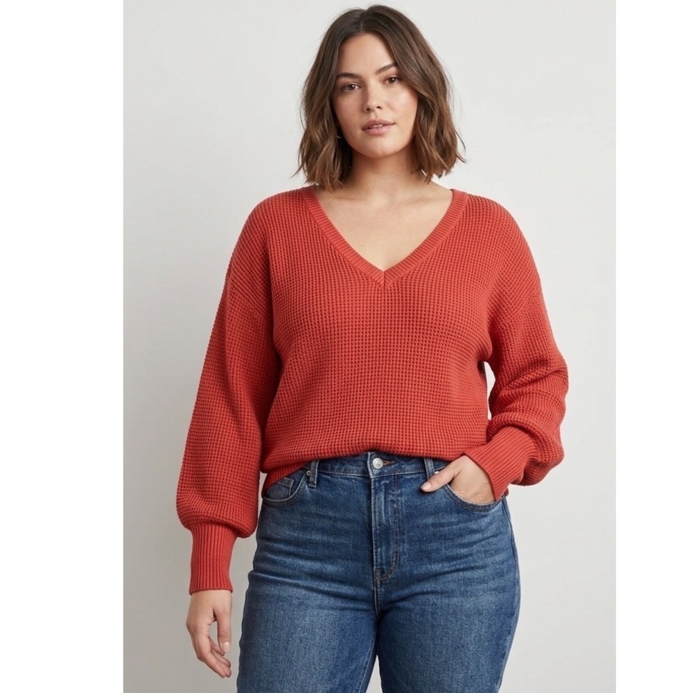 Anthropologie V-Neck Waffle Knit Balloon Sleeve Sweater Orange Large